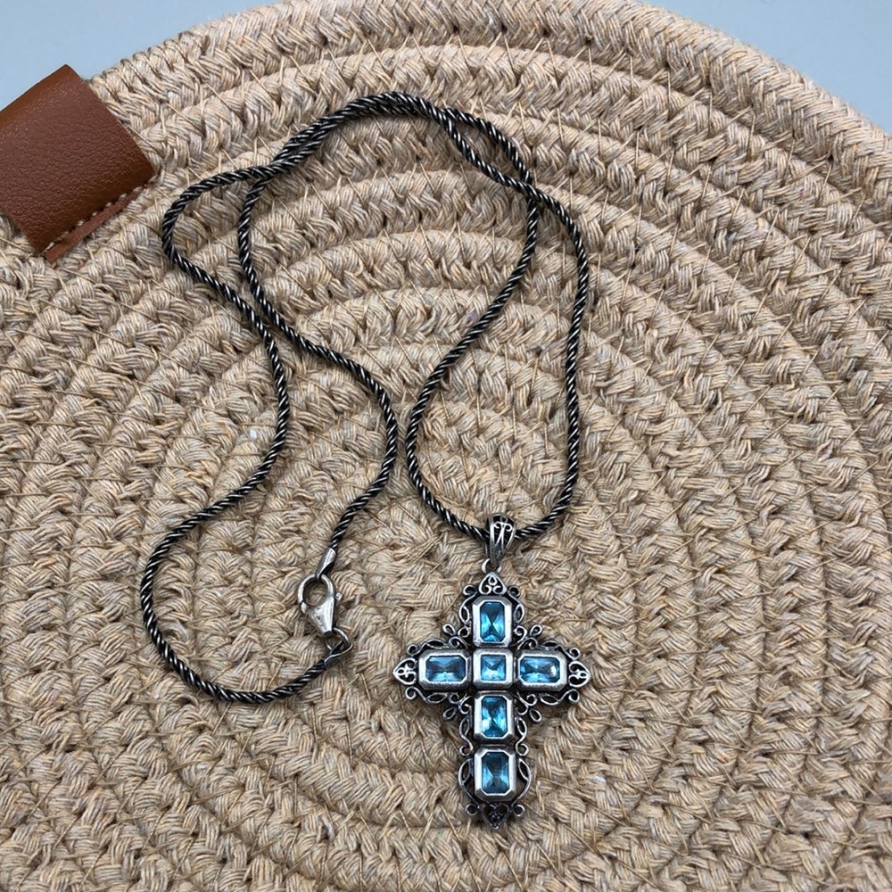 Sterling silver 925 topaz gemstone cross with rope chain necklace - unisex